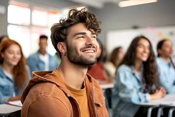 A young man with curly hair smiling and looking up in a bright classroom setting, surrounded by other students.