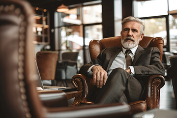 A distinguished looking older man with a beard, sits thoughtfully in a leather chair dressed in a suit.
