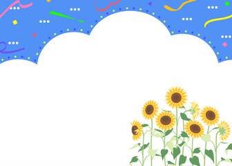 青空に雲とひまわりのフレーム、夏イメージのポップな背景	