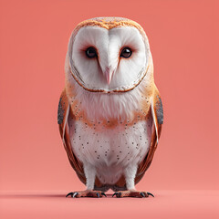 A highly detailed and realistic illustration of an owl on a coral background with a curious expression.