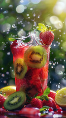 Strawberry juice mixed with kiwi juice and a splash of lemonade, delicious food style, blur background, natural look