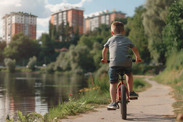 A young boy riding a bicycle on a path by a river with apartment buildings in the background.