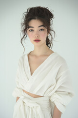 Full face no crop of a Pretty Young Japanese Super Model in a Kimono-Inspired Wrap Top and High-Waisted Trousers, embracing traditional elegance with a serene gaze. photo on white isolated background 