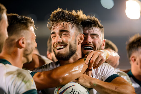 A group of rugby players celebrating a victory at night, with one player holding a rugby ball and smiling brightly.