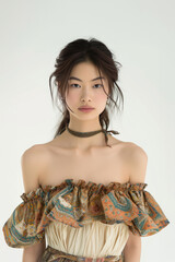 Full face no crop of a Pretty Young Japanese Super Model in a Boho-Chic Off-Shoulder Blouse and Flowy Skirt, exuding carefree elegance with a whimsical expression. photo on white isolated background