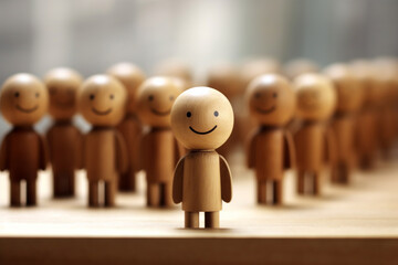 Bunch of natural wooden dolls painted with happy and smiling faces placed on a table, isolated on a blurred background. Generative AI.