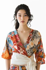 Full face no crop of a Pretty Young Japanese Super Model in a Kimono-Inspired Wrap Top and High-Waisted Trousers, embracing traditional elegance with a serene gaze. photo on white isolated background