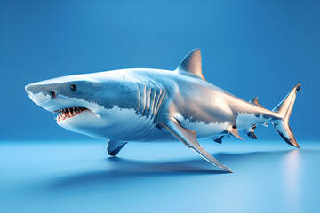 Fototapeta premium A highly detailed 3D rendering of a great white shark on a blue background.