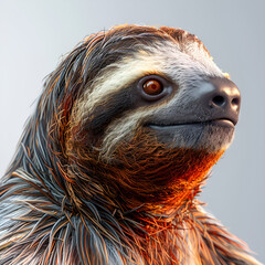 Highly detailed portrait of a sloth with vivid eyes and textured fur against a grey background.