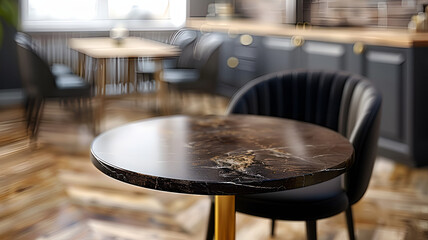 Fototapeta na wymiar An elegant and modern restaurant interior focusing on a stylish table with a glossy finish and luxurious black chair.