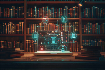 An open laptop with floating books and educational icons, representing online learning or distance education on the screen, surrounded by stacks of bookshelves. The background is a dark wood texture. 