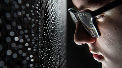 the user looking at the binary code coming out of the black box and trying to decypher it photo realistic