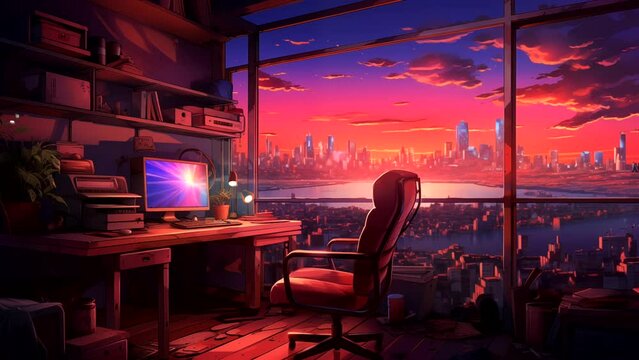 Lofi chill vibes room interior with computer at sunset. seamless looping 4k time-lapse animation video background