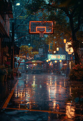 a photorealistic image of a basketball court in Japan in the rain with a Porsche 992 GT3 RS, cinematic, 8k