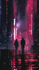 a man meeting a woman at a big city at night, glitchcore, dark colors, red and black, minimalism