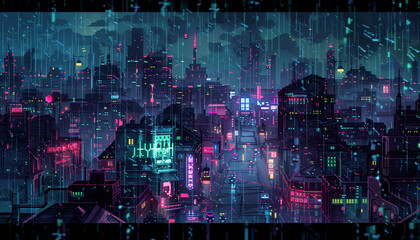 an axonometric lofi scene of cyberpunk city