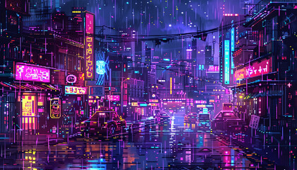 an axonometric lofi scene of cyberpunk city pixel art in dark and neon colors 