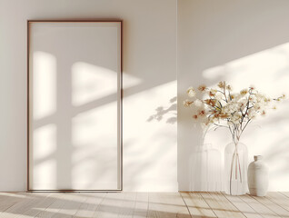 A minimalist interior with a large leaning mirror and vases with dried plants under soft lighting.
