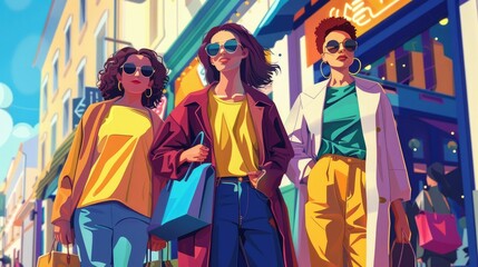 Obraz premium Fashionable Friends Showcasing Vibrant Street Style in a City Landscape