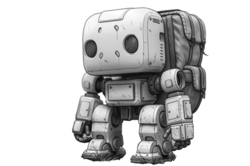 Sketch of a robot carrying a backpack on a transparent background