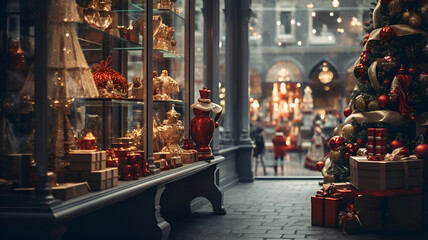A festive Christmas window display with decorations, gifts, and a Santa figure. - obrazy, fototapety, plakaty