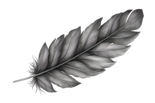 Hand drawn feathers on transparent background, black and white feather sketch