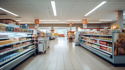 Interior of a modern grocery store with stocked shelves and clear signage. - obrazy, fototapety, plakaty