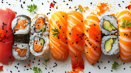 Sushi, Delicious style, Horizontal top view from above, white background