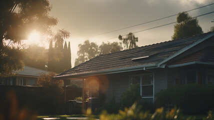 Sunset over a suburban neighborhood with warm light casting over the roofs of houses.