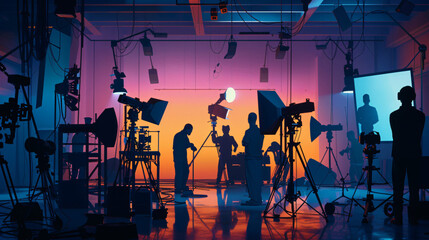 commercial video film movie making lighting set professional studio production big working people silhouette scenes behind television camera motion picture equipment crew photo light 