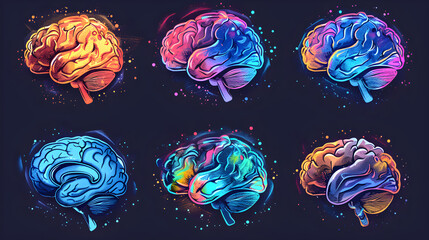 Colorful set of logos depicting human brain and representing various neurological disorders and awareness campaigns - obrazy, fototapety, plakaty