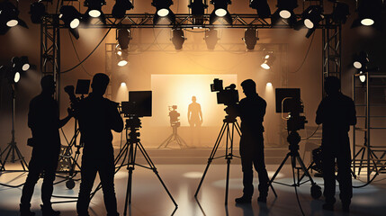 commercial video film movie making lighting set professional studio production big working people silhouette scenes behind television camera motion picture equipment crew photo light 