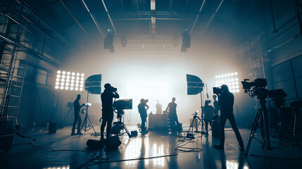 commercial video film movie making lighting set professional studio production big working people silhouette scenes behind television camera motion picture equipment crew photo light 