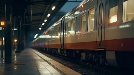 A train stopped at a platform during the evening with station lights illuminating the scene.