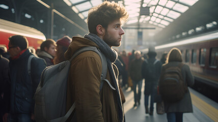 A young man with a backpack waiting at a busy train station during golden hour.