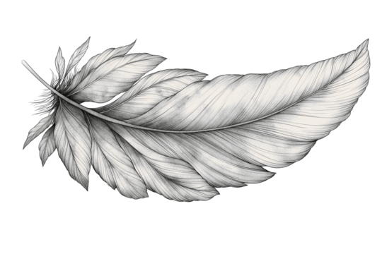Hand drawn feathers on transparent background, black and white feather sketch