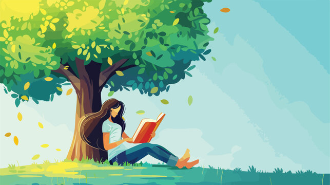 Girl reading book sitting under tree of wisdom 2d f