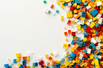 White background, white space in the center of picture. A pile of colorful Lego blocks scattered all over the place. The lego bricks of different shapes and sizes to show diversity. 