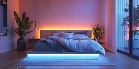 Bedroom in the future. Intelligent system controls lighting and ambiance,A cozy neon-lit bedroom with soft, diffused lighting