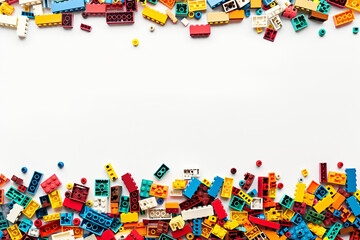 White background, white space in the center of picture. A pile of colorful Lego blocks scattered all over the place. The lego bricks of different shapes and sizes to show diversity. 