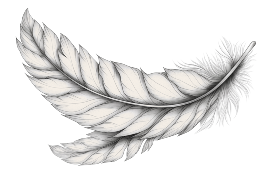 Hand drawn feathers on transparent background, black and white feather sketch