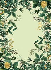a vintage frame border pattern design, leaves, branches, and flowers, light green, mid green