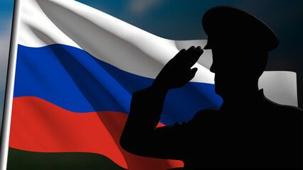 The silhouette of a soldier salutes the Russia flag