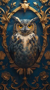 National symbol owl, shield background, gold and blue, detailed, eye level angle