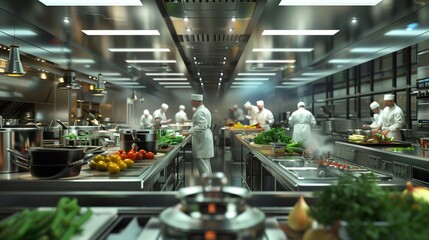 Famous Chef Works in a Big Restaurant Kitchen with His Help. Kitchen is Full of Food, Vegetables and Boiling Dishes. - obrazy, fototapety, plakaty