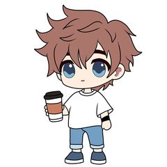 cute chibi boy holding a coffee tumbler