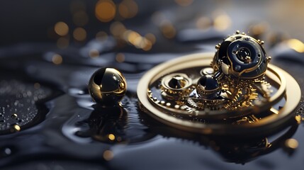 Elegant Golden Mechanical Watch Movement Amidst Glistening Water Droplets, Capturing the Intricate Engineering and Luxurious Aesthetics