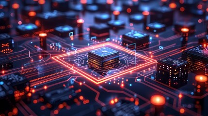 Obraz premium A computer chip is lit up in a dark background. The chip is surrounded by a glowing blue and red background