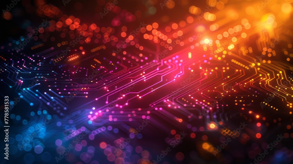 Poster a colorful computer chip with a lot of dots and lines. the image is abstract and has a futuristic fe