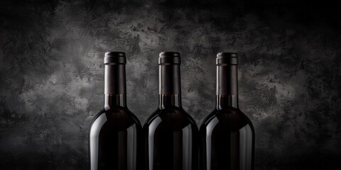 Three bottles of wine, neatly arranged against a grungy black wall backdrop